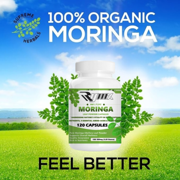 RYMX MORINGA Capsules Single Origin Moringa Powder Organic. Moringa Leaf. Energy, Metabolism, & Immune Support. 120ct. 500mg Caps.