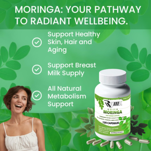 RYMX MORINGA Capsules Single Origin Moringa Powder Organic. Moringa Leaf. Energy, Metabolism, & Immune Support. 120ct. 500mg Caps.