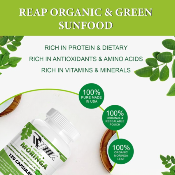 RYMX MORINGA Capsules Single Origin Moringa Powder Organic. Moringa Leaf. Energy, Metabolism, & Immune Support. 120ct. 500mg Caps.