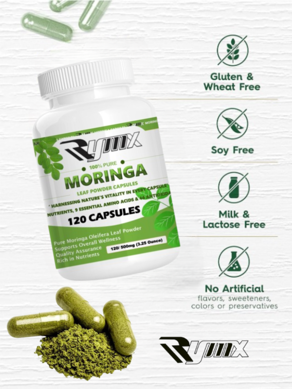RYMX MORINGA Capsules Single Origin Moringa Powder Organic. Moringa Leaf. Energy, Metabolism, & Immune Support. 120ct. 500mg Caps.