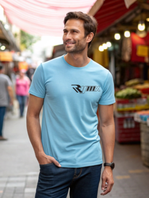 RYMX Men's Sky Blue Round Neck T-Shirt - 100% Cotton, Short Sleeve, Casual Slim Fit, Breathable